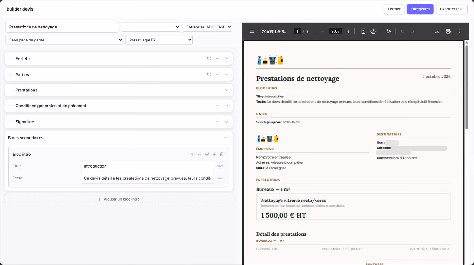 L’éditeur de devis d’Adclean & co : les blocs du devis à gauche, que l’on réordonne, et l’aperçu du document à droite. Le nom et l’adresse du client sont cachés.