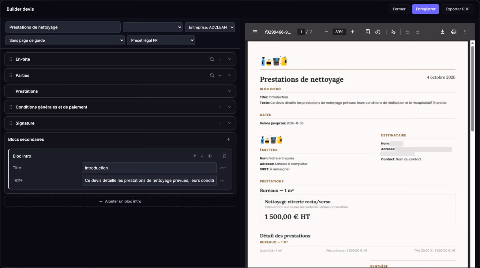 L’éditeur de devis d’Adclean & co : les blocs du devis à gauche, que l’on réordonne, et l’aperçu du document à droite. Le nom et l’adresse du client sont cachés.