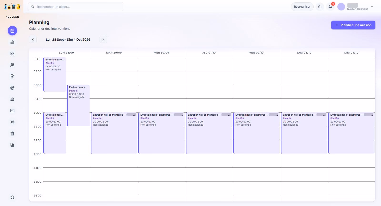 Planning de la semaine, de 6 h à 17 h, avec les interventions planifiées.