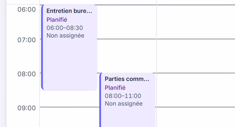 Gros plan sur deux interventions planifiées et leurs horaires.