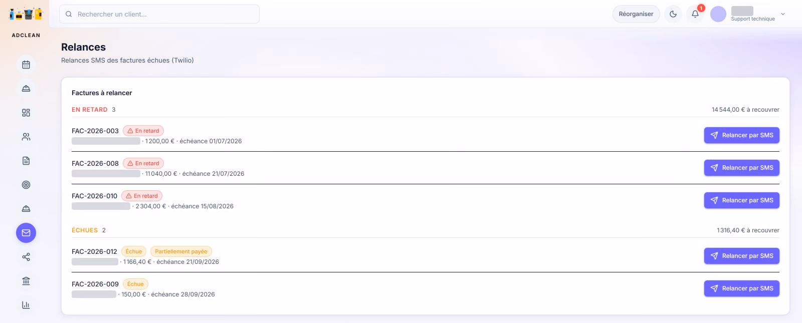 Écran Relances : les factures en retard et échues, chacune avec son bouton de relance par SMS.