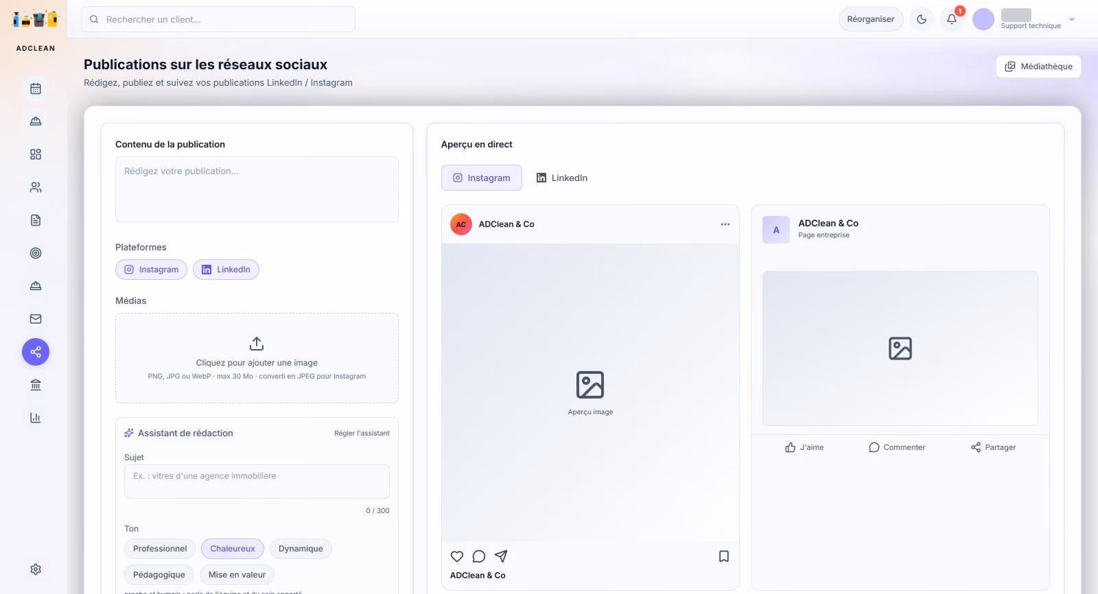 Écran de publication : rédaction du post, choix d’Instagram ou de LinkedIn, assistant de rédaction et aperçu en direct.